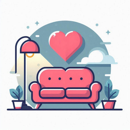 Vector illustration of a cozy living room with a sofa, a lamp and a heartのイラスト素材