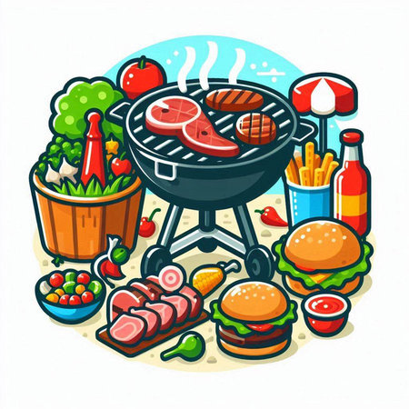 Vector illustration of barbecue grill with food in doodle style.のイラスト素材