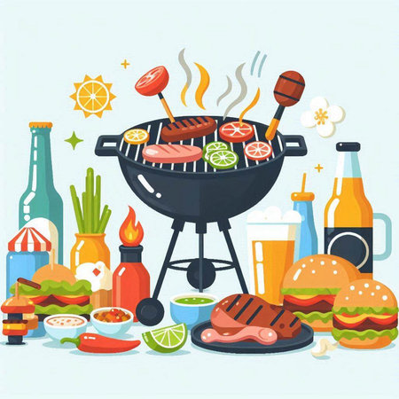 Barbecue party. Vector illustration in flat cartoon style. BBQ grill with food.のイラスト素材