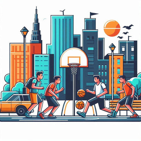Basketball players in the city. Vector illustration in flat style.のイラスト素材
