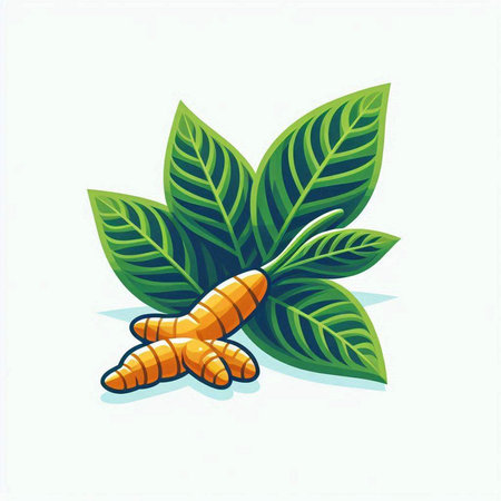 Turmeric root and leaves on white background. Vector illustration. Isolated.のイラスト素材