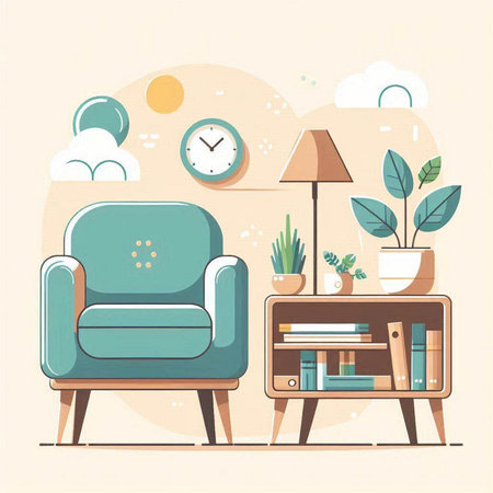 Living room interior with armchair, bookshelf, lamp and plants. Vector illustrationのイラスト素材