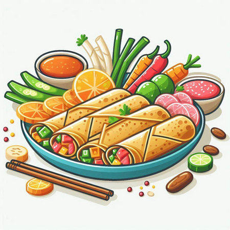 Vector illustration of Chinese food in a plate with chopsticks and vegetablesのイラスト素材