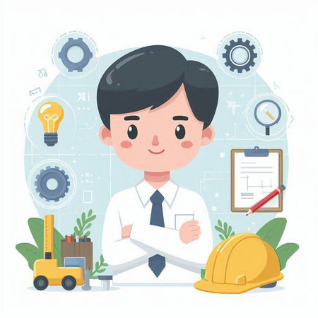 Illustration vector graphic of engineer working in the office. Perfect to use for presentations, etc.のイラスト素材