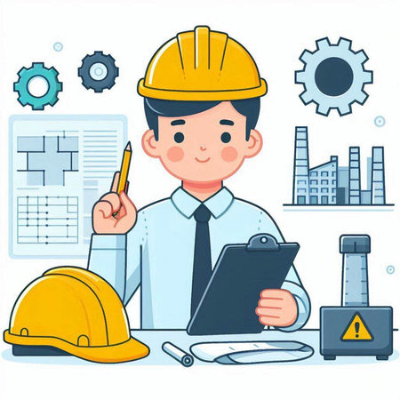 Architect working on construction project. Vector illustration in cartoon style.のイラスト素材