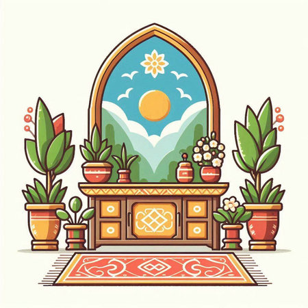 Vector illustration of a cozy living room with a window, flowers and plants.のイラスト素材