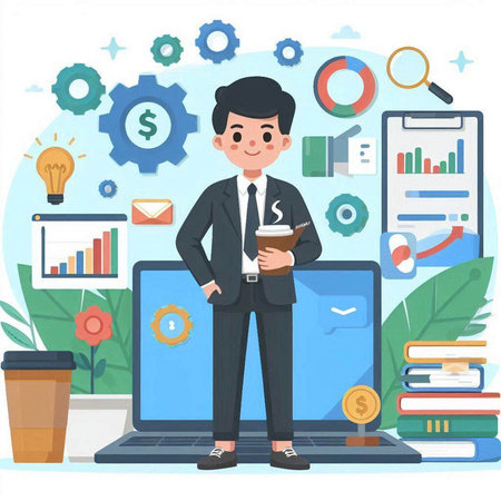 Businessman with a cup of coffee standing near the laptop. Vector illustrationのイラスト素材