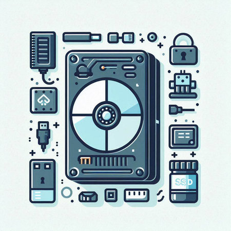 Vector illustration of computer hardware and accessories in flat thin line style.のイラスト素材