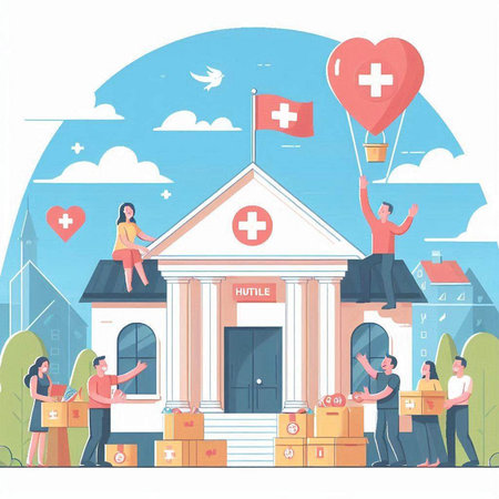 Flat vector illustration of a hospital with a lot of people.のイラスト素材