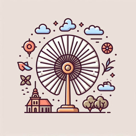 Amusement park linear vector illustration. Amusement park with ferris wheelのイラスト素材