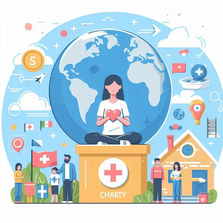 Flat design vector illustration concept of charity, donation, volunteer, help, support, care, help.のイラスト素材