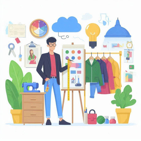 Fashion designer working at studio. Vector illustration in flat style.のイラスト素材