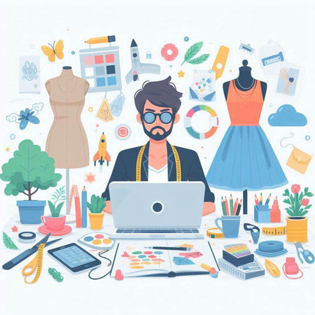 Fashion designer working at his office. Vector illustration in cartoon style.のイラスト素材
