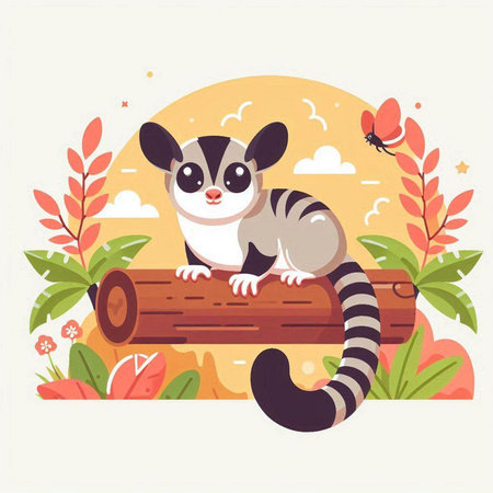 Cute little sugar glider sitting on a log. Vector illustrationのイラスト素材