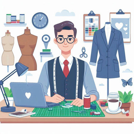 Fashion designer working at his desk. Vector illustration in cartoon style.のイラスト素材