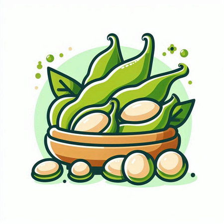Bowl of soybeans with green leaves. Vector illustration in cartoon styleのイラスト素材