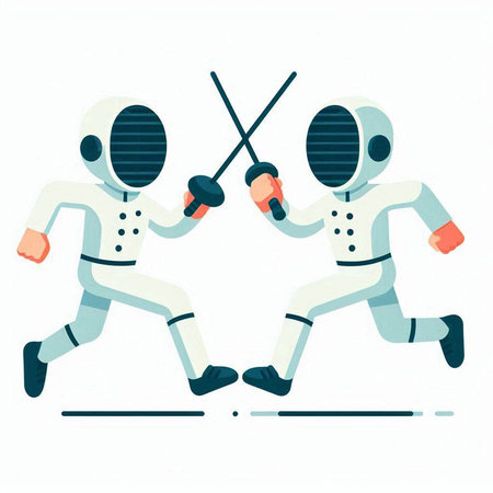Fencing competition. Vector flat illustration of two cartoon fencing characters.のイラスト素材