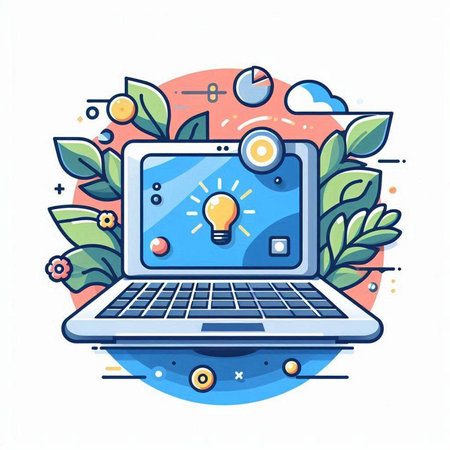 Laptop with lightbulb on screen, flat vector illustration.のイラスト素材