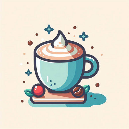 Coffee cup with whipped cream and cherry. Vector illustration.のイラスト素材