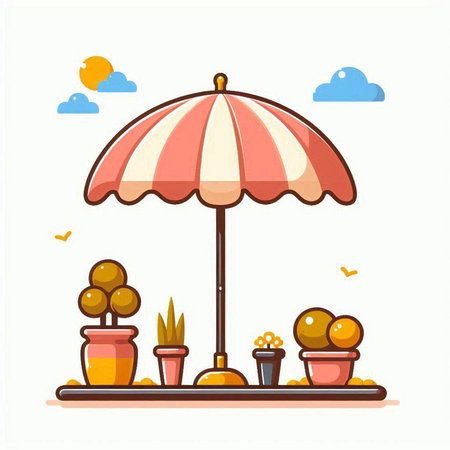 Beach umbrella with flowers in pots. Flat style vector illustration.のイラスト素材