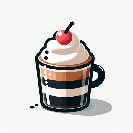 Coffee cup with whipped cream and cherry. Vector illustration.のイラスト素材