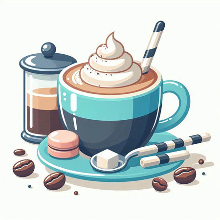Coffee cup with whipped cream and sugar. Vector illustration.のイラスト素材