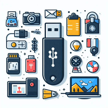 Vector modern flat design illustration icons set of USB flash drive, tablet pc, camera, video camera, memory card, video camera, usb flash drive and other objects.のイラスト素材