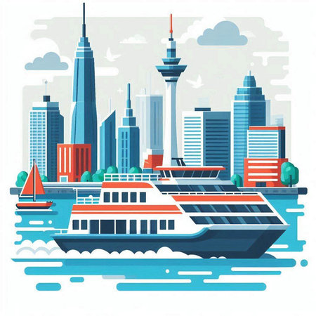 Cruise ship on the background of the city. Vector illustration.のイラスト素材