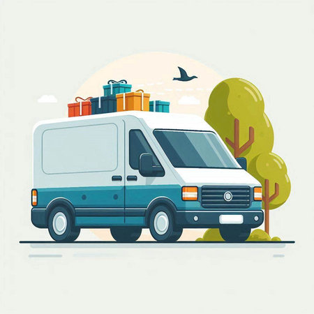 Vector illustration of a delivery van with a gift box in the trunkのイラスト素材