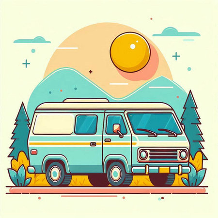 Vector illustration of a camper van on the road in the mountainsのイラスト素材