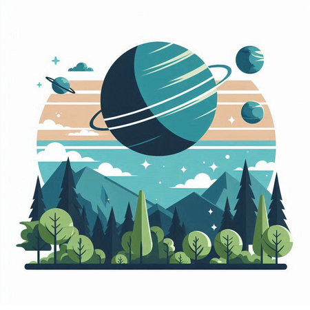 Vector illustration of the planet Saturn and the forest in flat style.のイラスト素材