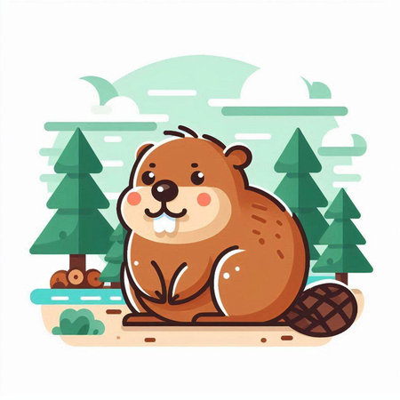 Cute beaver sitting on the ground in the forest. Vector illustrationのイラスト素材