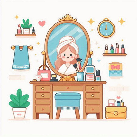 Beauty salon vector illustration with girl doing makeup in front of mirrorのイラスト素材