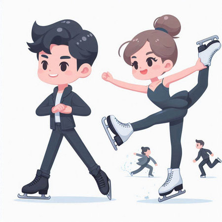 Cute couple skating on ice. Vector illustration in cartoon style.のイラスト素材