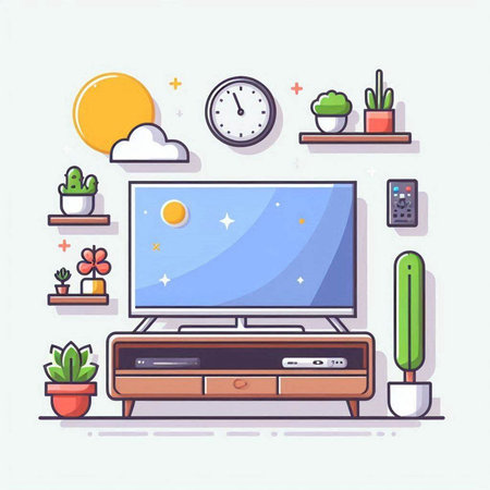 Modern flat design vector illustration concept of home entertainment, TV set, remote control, houseplants, cactus and clock.のイラスト素材