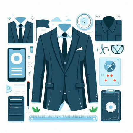 Vector illustration of business suit in flat style on white background with iconsのイラスト素材