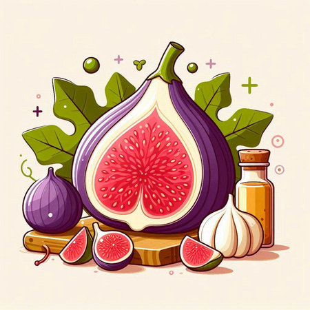 Illustration of figs, garlic and oil on a light backgroundのイラスト素材