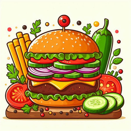 Hamburger with vegetables and spices on wooden board. Vector illustration.のイラスト素材