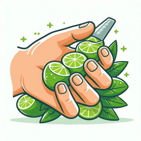 Hands holding fresh lime fruit with green leaves. Vector illustration.のイラスト素材