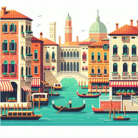 Venice cityscape with canal and gondolas. Vector illustration.のイラスト素材