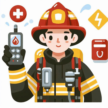 Illustration of a Firefighter Holding a Walkie Talkie with Iconsのイラスト素材