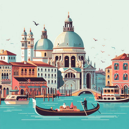 Gondola on Grand Canal in Venice, Italy. Vector illustrationのイラスト素材