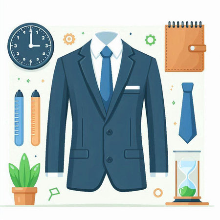 Vector illustration of a business man's suit with a tie, stationery, hourglass and clock.のイラスト素材