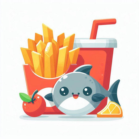 Cute cartoon fish with french fries and soda. Vector illustration.のイラスト素材