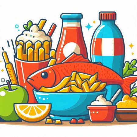 Vector illustration of a bowl of fish, chips, ketchup and mayonnaiseのイラスト素材