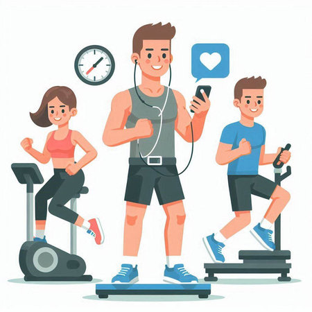 Sporty man and woman training in gym. Vector illustration in cartoon styleのイラスト素材