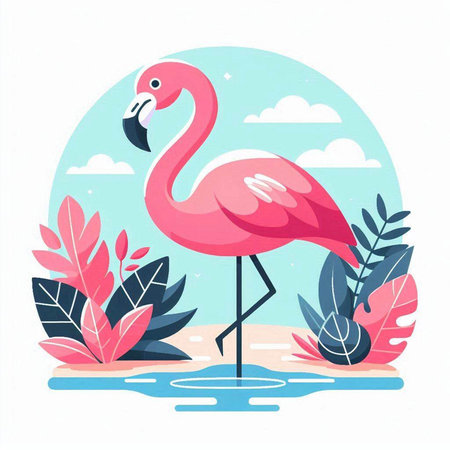 Pink flamingo on the beach. Vector illustration in flat style.のイラスト素材