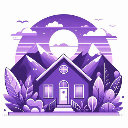 Vector illustration of house in the mountains with trees and bushes on the background.のイラスト素材