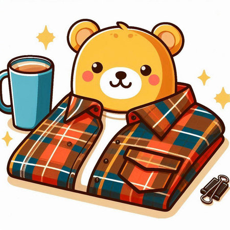 Cute bear with a cup of coffee and a plaid shirtのイラスト素材