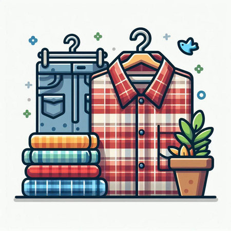 Clothes and accessories vector illustration in flat line style. Clothes shop concept.のイラスト素材